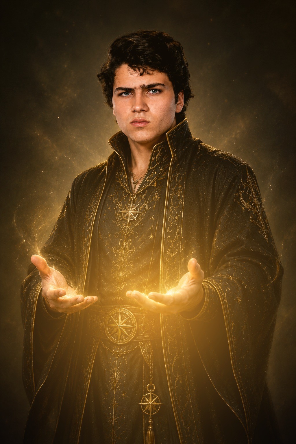 Arkan, Arcano Dorado's young symbolic guide, with a golden glow in his hands